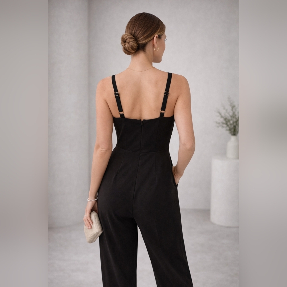 Lulu's Black Draped Jumpsuit with Adjustable Straps | XL Cocktail Wedding Guest - Picture 2 of 4